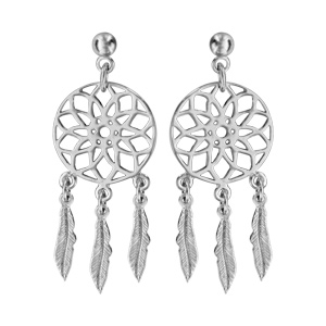 Boucles d\'oreilles pendantes en argent rhodi attrape rve avec 3 plumes suspendues et fermoir poussette - Vue 1