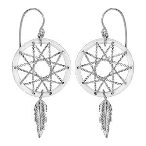 Boucles d\'oreilles pendantes en argent rhodié attrape rêve avec tour en céramique blanche et plumes suspendues et fermoir poussette - Vue 1