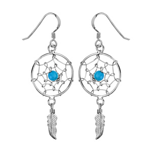 Boucles d\'oreilles pendantes en argent rhodi attrape rve de 17mm avec 1 boule turquoise au centre et 1 plume suspendue et fermoir crochet - Vue 1