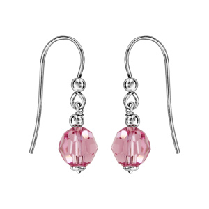 Boucles d\'oreilles pendantes en argent rhodi avec boule cristal rose facette et fermoir crochet - Vue 1