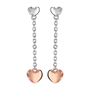 Boucles d\'oreilles pendantes en argent rhodi avec chanette et 2 curs dor rose et argent fermoir poussette - Vue 1