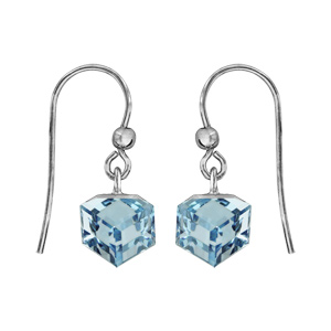 Boucles d\'oreilles pendantes en argent rhodi avec cube cristal bleu ciel et fermoir crochet - Vue 1