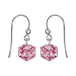 Boucles d\'oreilles pendantes en argent rhodi avec cube cristal rose et fermoir crochet - Vue 1