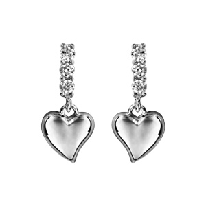 Boucles d\'oreilles pendantes en argent rhodi barrette d\'oxydes blancs sertis avec coeur lisse suspendu et fermoir poussette - Vue 1