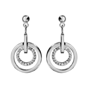 Boucles d\'oreilles pendantes en argent rhodi barrette retenant 1 anneau lisse et 1 anneau orn d\'oxydes blancs et fermoir poussette - Vue 1