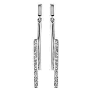 Boucles d\'oreilles pendantes en argent rhodi 2 btons suspendus, 1 lisse et l\'autre en oxydes blancs sertis et fermoir poussette - Vue 1