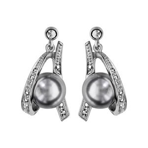 Boucles d\'oreilles pendantes en argent rhodié brin croisé et orné d\'oxydes blancs sertis avec perle grise synthétique au centre et fermoir clou avec poussette - Vue 1