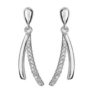 Boucles d\'oreilles pendantes en argent rhodi 2 brins suspendus lisses et oxydes blancs sertis et fermoir poussette - Vue 1