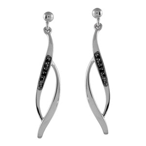 Boucles d\'oreilles pendantes en argent rhodi 2 brins suspendus torsads lache dont 1 orn d\'oxydes noirs et fermoir poussette - Vue 1