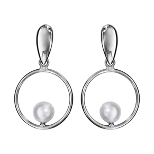 Boucles d\'oreilles pendantes en argent rhodié cercle avec perle blanche et fermoir poussette - Vue 1