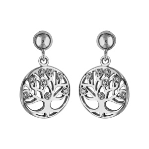 Boucles d\'oreilles pendantes en argent rhodi cercle suspendu avec arbre de vie dcoup avec oxydes blancs et fermoir poussette - Vue 1