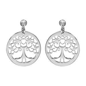 Boucles d\'oreilles pendantes en argent rhodi cercle suspendu avec arbre de vie dcoup  l\'intrieur et fermoir poussette - Vue 1