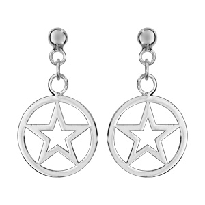 Boucles d\'oreilles pendantes en argent rhodié cercle suspendu avec étoile découpée à l\'intérieur et fermoir poussette - Vue 1