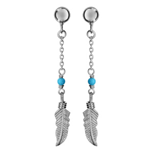 Boucles d\'oreilles pendantes en argent rhodié chaînette avec boule turquoise et plume suspendue et fermoir clou avec poussette - Vue 1