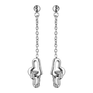 Boucles d\'oreilles pendantes en argent rhodié chaînette avec 2 coeurs emmaillés à l\'extrémité, 1 lisse et l\'autre ouvragé et fermoir clou avec poussette - Vue 1