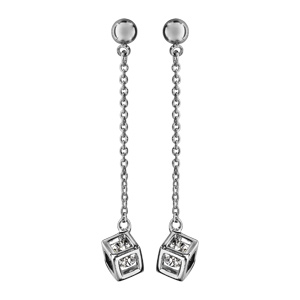 Boucles d\'oreilles pendantes en argent rhodi chanette avec cube ouvert avec 1 oxyde blanc  l\'intrieur et fermoir poussette - Vue 1