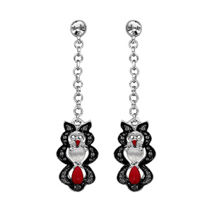 Boucles d\'oreilles pendantes en argent rhodié chaînette avec hibou en résine noire et rouge et fermoir clou avec poussette - Vue 1