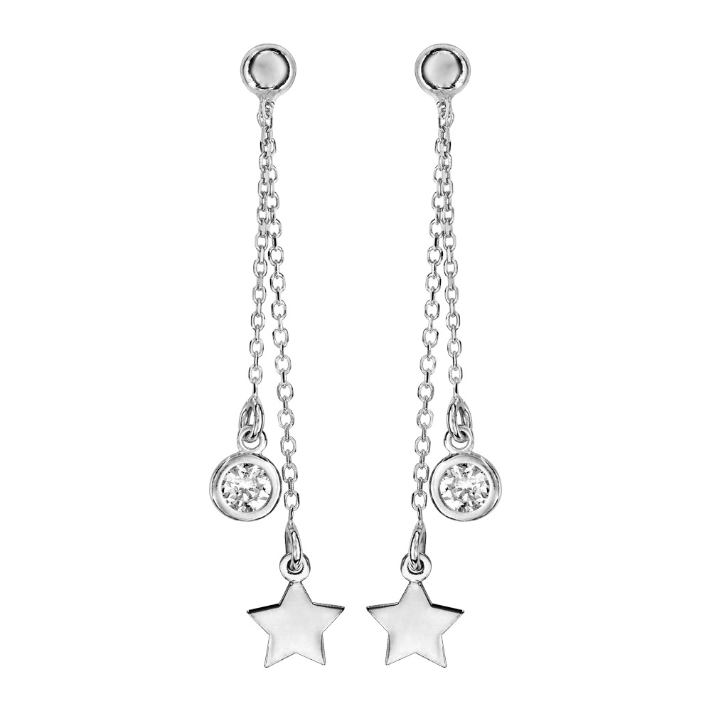 Boucles d\'oreilles pendantes en argent rhodi� cha�nette avec pampille �toile et pampille oxyde blanc serti fermoir poussette - Vue 1