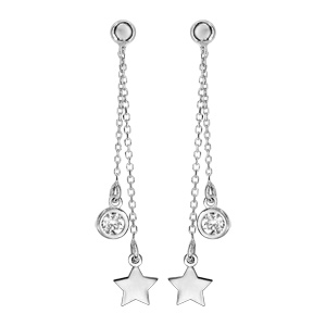 Boucles d\'oreilles pendantes en argent rhodié chaînette avec pampille étoile et pampille oxyde blanc serti fermoir poussette - Vue 1