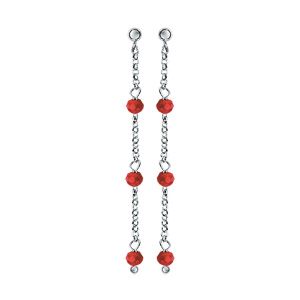 Boucles d\'oreilles pendantes en argent rhodié chaînette avec perles de verre facettées rouge et fermoir poussette - Vue 1