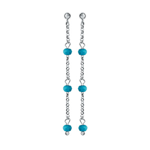 Boucles d\'oreilles pendantes en argent rhodié chaînette avec perles de verre facettées turquoises et fermoir poussette - Vue 1
