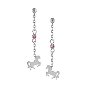 Boucles d\'oreilles pendantes en argent rhodié chaînette longue avec oxyde rose au milieu et cheval à l\'extrémité et fermoir clou avec poussette - Vue 1