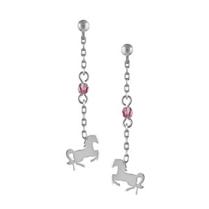 Boucles d\'oreilles pendantes en argent rhodi chanette longue avec oxyde rose au milieu et cheval  l\'extrmit et fermoir clou avec poussette - Vue 1