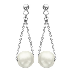 Boucles d\'oreilles pendantes en argent rhodi chanette retenant 1 perle blanche de synthse et fermoir poussette - Vue 1
