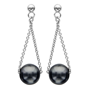 Boucles d\'oreilles pendantes en argent rhodi chanette retenant 1 perle noire de synthse et fermoir poussette - Vue 1