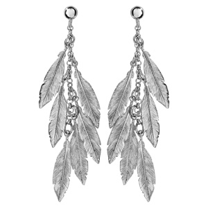 Boucles d\'oreilles pendantes en argent rhodié chaînette retenant 6 plumes et fermoir clou avec poussette - Vue 1