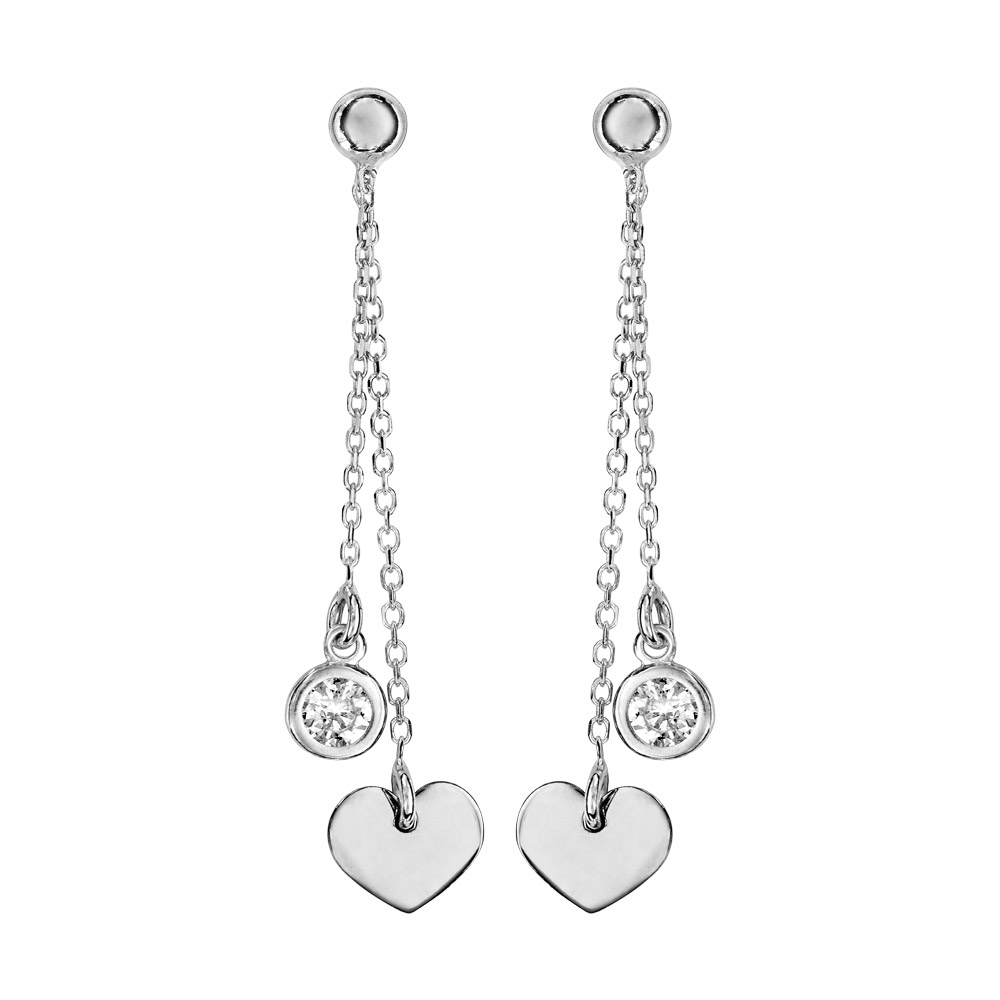 Boucles d\'oreilles pendantes en argent rhodi� cha�nettes avec pampille coeur et pampille oxyde blanc serti clos fermoir poussette - Vue 1