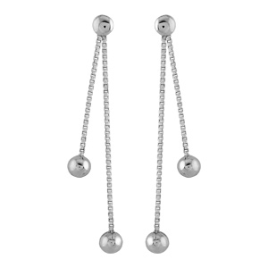 Boucles d\'oreilles pendantes en argent rhodi chanettes en maille vnitienne avec boules lisses et fermoir poussette - Vue 1