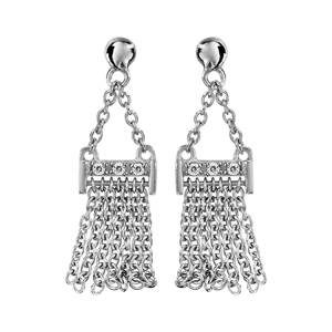 Boucles d\'oreilles pendantes en argent rhodié chaînettes retenant une baguette avec franges en chaînettes et fermoir tige à poussette - Vue 1