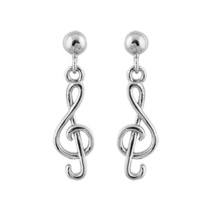 Boucles d\'oreilles pendantes en argent rhodi clef de sol suspendue et fermoir poussette - Vue 1