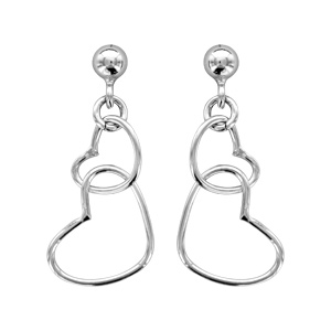 Boucles d\'oreilles pendantes en argent rhodi 2 coeurs emmaills suspendus et fermoir poussette - Vue 1