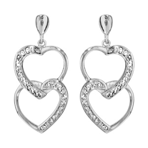 Boucles d\'oreilles pendantes en argent rhodi 2 coeurs suspendus entremls et fermoir poussette - Vue 1