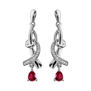 Boucles d\'oreilles pendantes en argent rhodié collection joaillerie 1 brin orné d\'oxydes blancs sur 1 brin lisse avec gros oxyde rouge fermoir poussette - Vue 1