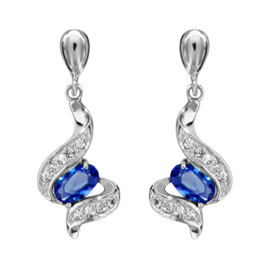 Boucles d\'oreilles pendantes en Argent rhodi collection joaillerie vagues ornes d\'oxydes blancs avec oxyde ovale bleu et fermoir poussette - Vue 1