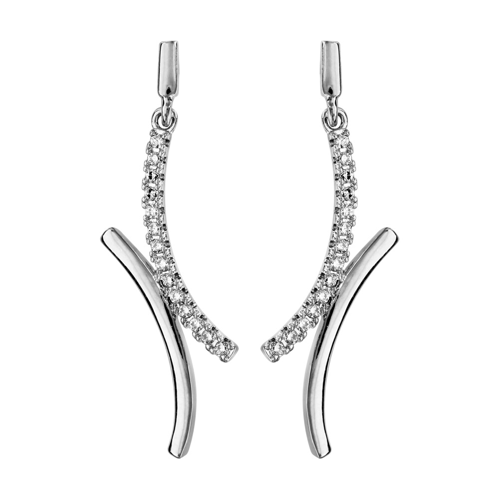 Boucles D'Oreilles Pendantes Femme En Argent Rhodié Et Zirconium - Neuves Avec Étiquettes