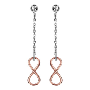 Boucles d\'oreilles pendantes en argent rhodi et dorure rose chanette avec infini lisse  l\'extrmit et fermoir clou avec poussette - Vue 1