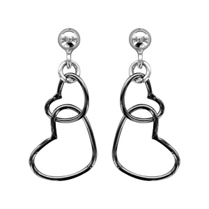Boucles d\'oreilles pendantes en argent rhodié et noir 2 coeurs emmaillés suspendus et fermoir clou avec poussette - Vue 1