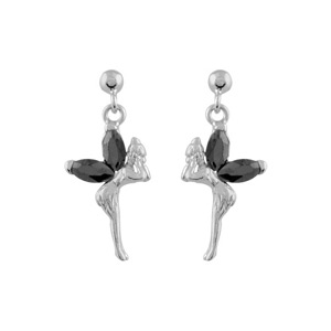 Boucles d\'oreilles pendantes en argent rhodié fée avec ailes en oxydes noirs et fermoir clou avec poussette - Vue 1