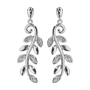 Boucles d\'oreilles pendantes en argent rhodié feuillage lisse et orné d\'oxydes blancs fermoir poussette - Vue 1