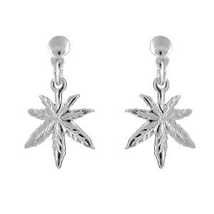 Boucles D Oreilles Pendantes En Argent Rhodie Feuille De Cannabis Suspendue Et Fermoir Clou Avec Poussette