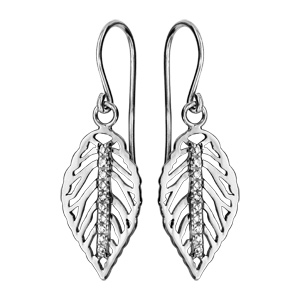 Boucles d\'oreilles pendantes en argent rhodi feuille suspendue nervure ajoure avec barrette d\'oxydes blancs sertis au milieu et fermoir crochet - Vue 1