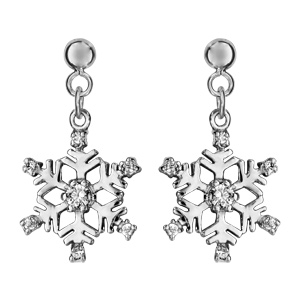 Boucles d\'oreilles pendantes en argent rhodié flocon suspendu orné d\'oxydes blancs sertis et fermoir poussette - Vue 1