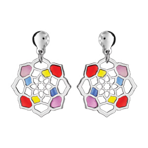 Boucles d\'oreilles pendantes en argent rhodié forme fleur multicolore et ajourée fermoir poussette - Vue 1