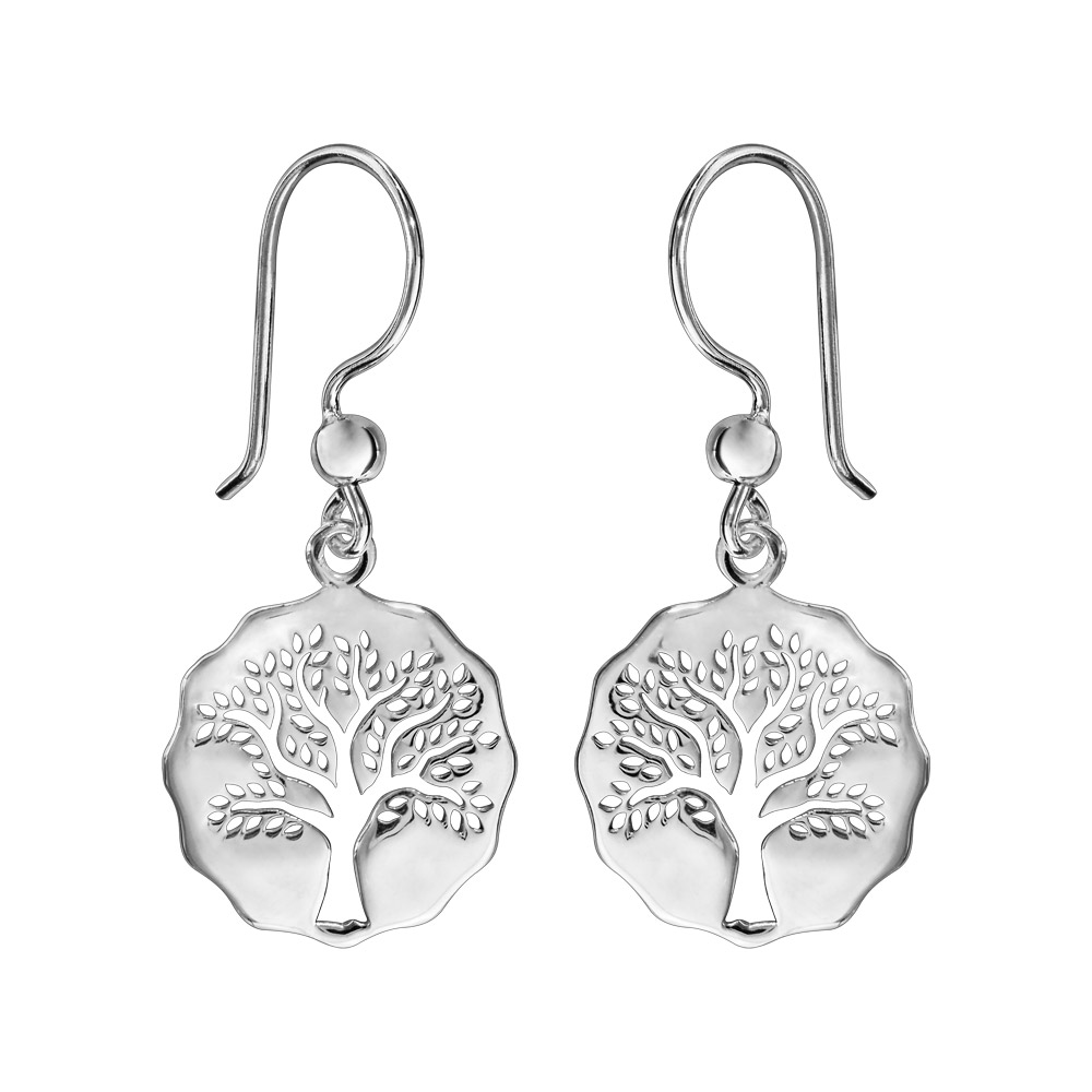 Boucles d\'oreilles pendantes en argent rhodi� galet d�coup� avec arbre de vie ajour� et fermoir crochet - Vue 1