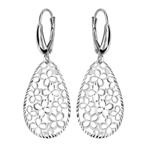 Boucles d\'oreilles pendantes en argent rhodi goutte arrondie motif fleurs dcoupes et fermoir dormeuse - Vue 1