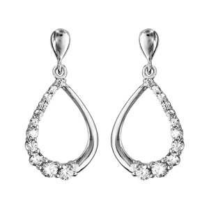 Boucles d\'oreilles pendantes en argent rhodi goutte vide suspendue avec 1 moiti lisse et l\'autre orne d\'oxydes blancs et fermoir poussette - Vue 1